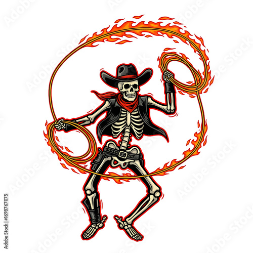 Dynamic illustration of a cowboy skeleton character wielding a flaming lasso against a transparent background halloween t shirt design