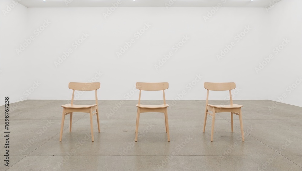Obraz premium Three simple wooden chairs in an empty room, minimalist design, and clean lines.