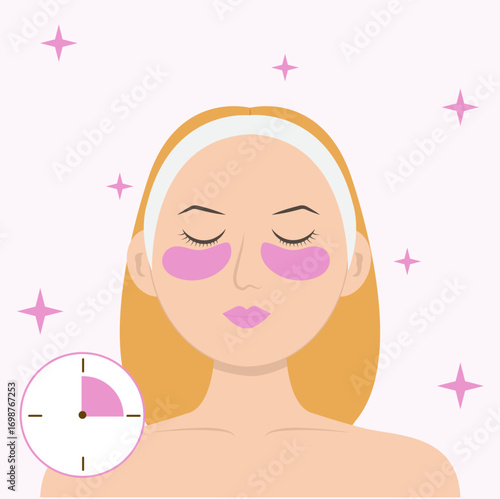 Woman's face with cosmetic patches on the face, eye patches, beauty treatments, skin rejuvenation