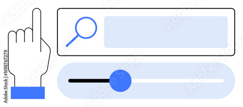 Hand pointing at search bar with magnifying glass icon and horizontal slider. Ideal for UI design, navigation, accessibility, personalization, tech demos, search optimization, simple landing page