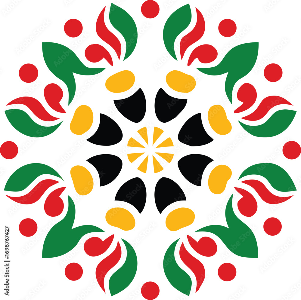 Fototapeta premium Circular element shows green, red, black, and yellow shapes on a white backdrop