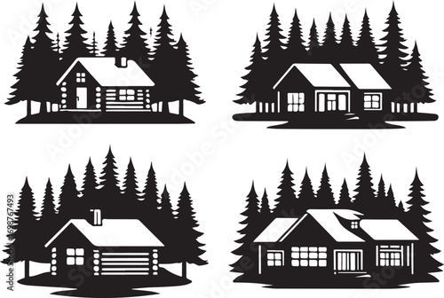 Four black silhouette cabins nestled among pine trees
