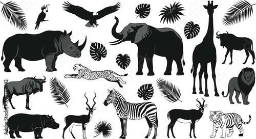 Black and white African safari animals and tropical leaves vector illustration featuring wildlife silhouettes including elephant, lion, giraffe, zebra, and jungle foliage