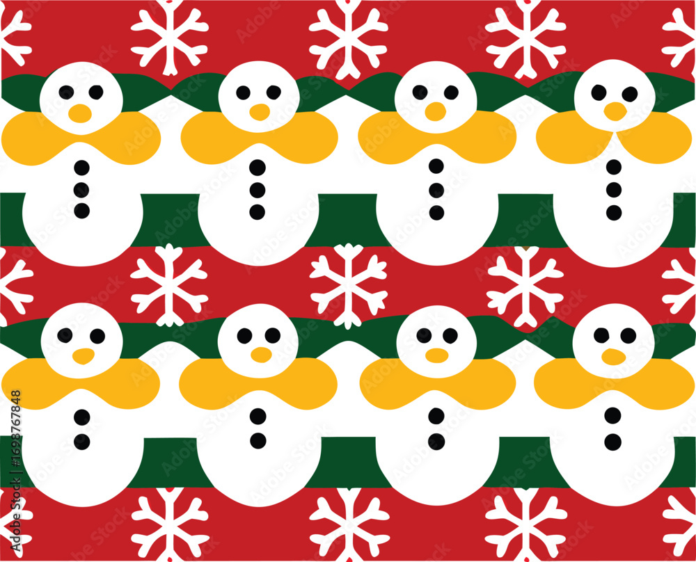 Fototapeta premium Snowman silhouettes, alternating red and green stripes with snowflakes, present a joyful festive array