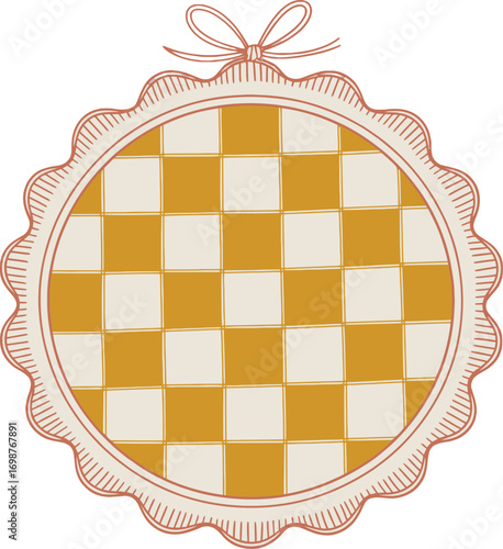 Checkered Pattern Ornament, Mustard Yellow Gingham Circle, Vintage Style Checkerboard Design, Rustic Farmhouse Decor Element, Autumnal Gingham Background