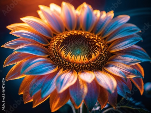Vibrant Sunflower Close-Up: A Symphony of Warm and Cool Hues