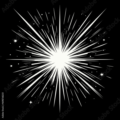 Stylized supernova explosion with rays and stars on a black background for cosmic design elements