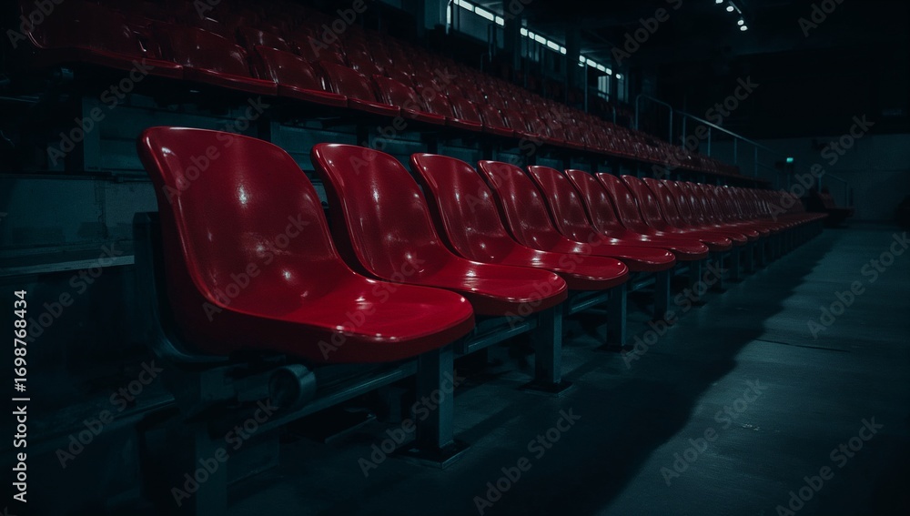 Fototapeta premium Rows of vibrant red seating illuminate the dim auditorium, awaiting an event or gathering in anticipation.