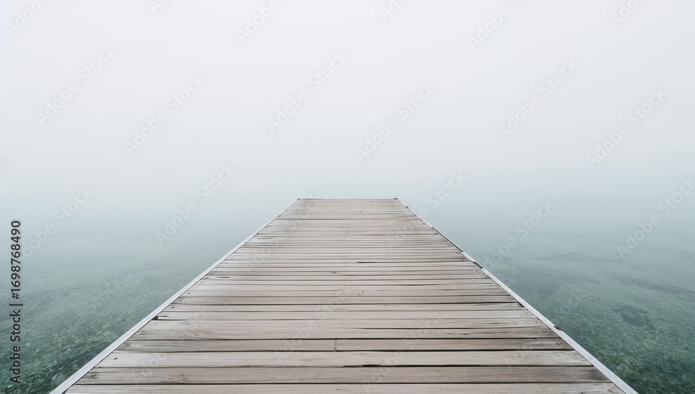 Naklejka premium Wooden pier stretches into misty water, blending sky and sea. A path to serenity in tranquil surroundings.