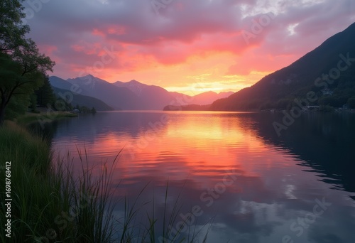 Serene Lake Reflecting Vibrant Sunset Colors Tranquil Nature Scene Peaceful Waters Vibrant Palette of Evening Sky