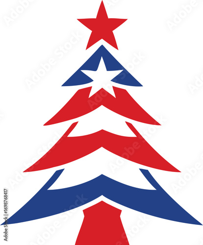 Patriotic christmas tree showcases red and blue shapes against a clean, pure white background