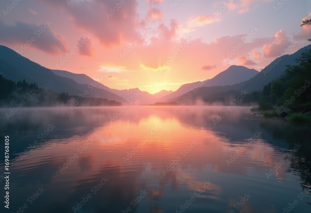 Fototapeta premium Serene Lake Sunrise Reflections Tranquil Nature Landscape Calm Water Ripples Scenic Dawn Illumination