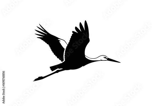Stylized black silhouette of a flying stork in profile view on transparent background