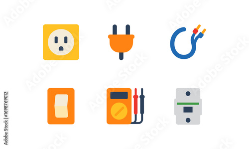 Colorful electrical icons featuring plug, socket, and wiring components
