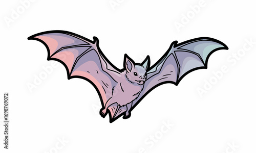 Stylized flying bat with spread wings, featuring purple and pink gradient hues, black outline.