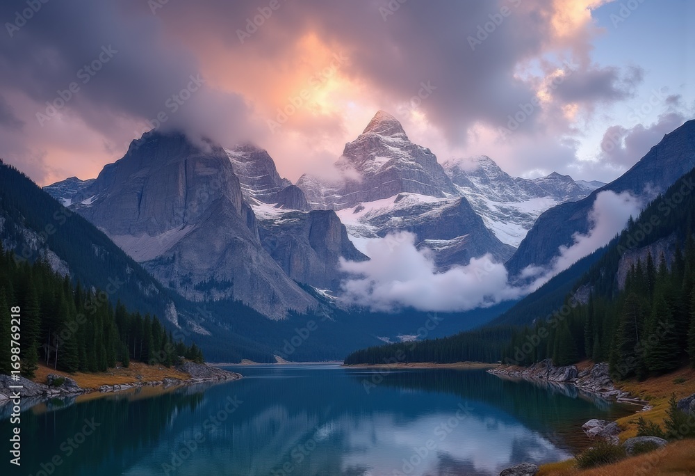 Fototapeta premium Snow-Capped Peaks Under Dramatic Cloudscape and Enchanting Sky Majesty Nature Landscape