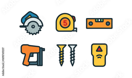 Flat style tool icons set: saw, tape measure, level, nail gun, screws, stud sensor