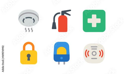 Safety essentials icons: smoke alarm, fire extinguisher, first aid, lock, police light, alarm