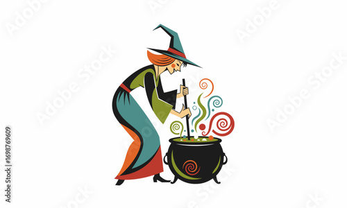 Stylized Witch Stirring Bubbling Cauldron with Colorful Swirls.