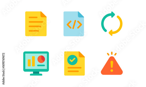 Colorful flat design icons for document, code, sync, analytics, alert