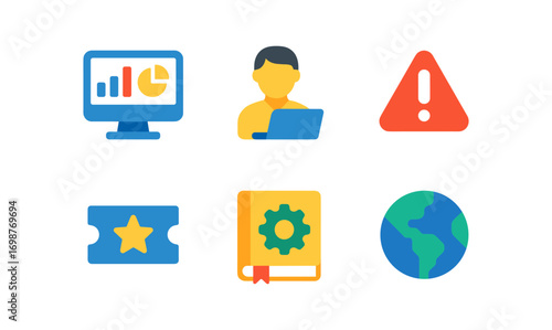 Colorful flat icons set featuring computer, user, alert, ticket, book, and globe