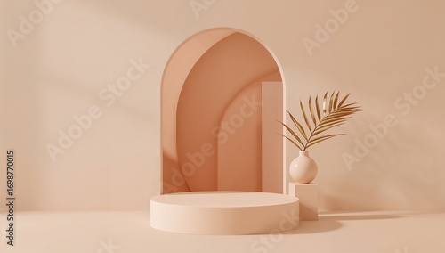Monochromatic peach scene: stage platform with archway and vase of palm, lit by natural sunlight. Serene backdrop.