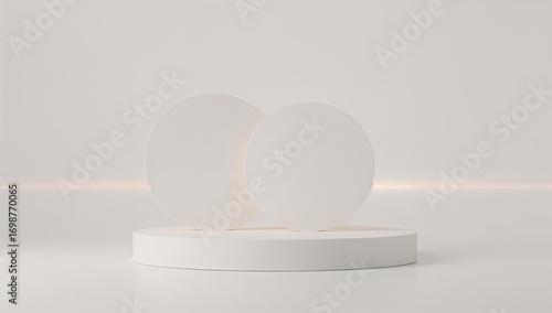 Abstract minimalist presentation stage with white circular accents in a serene, luminous setting.