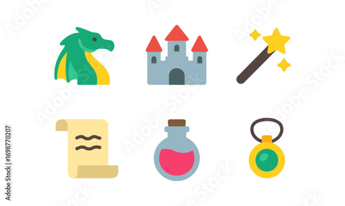 Fantasy icons set featuring dragon, castle, wizard wand, scroll, potion, and amulet