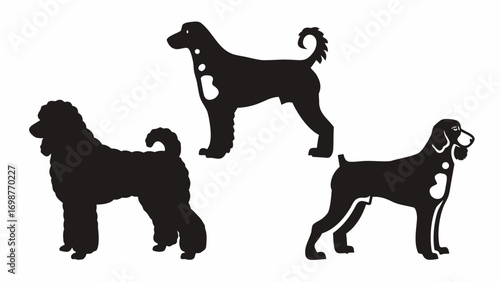 Elegant silhouettes of diverse dog breeds captured in timeless, artistic poses