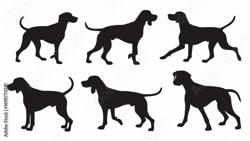 Dynamic dog silhouettes capture various poses and movements for creative projects