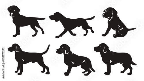 Six black dog silhouettes showcase various playful poses and activities for a versatile design element