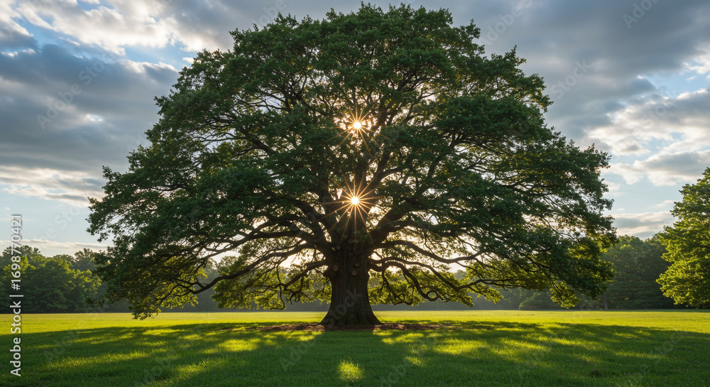 Fototapeta premium Majestic ancient oak tree bathed in golden sunbeams, casting long shadows across a vibrant green meadow