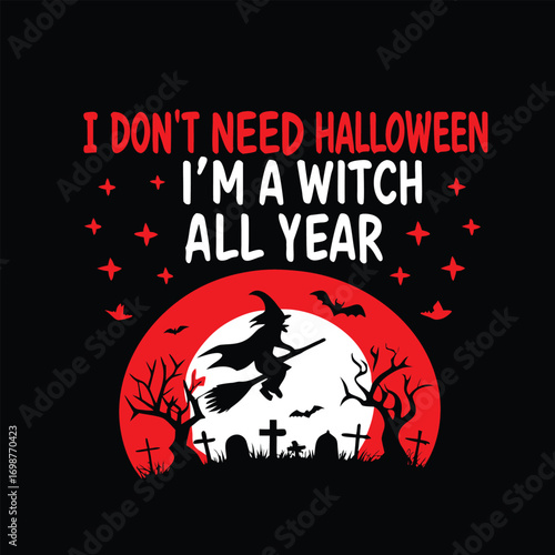 Whimsical Halloween T-Shirt Design with Witch and Cemetery