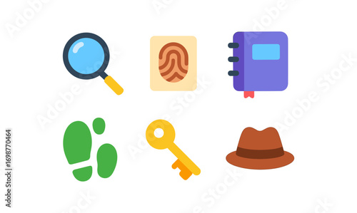 Colorful icons of detective tools: magnifying glass, fingerprint, notebook, footprint, key, hat