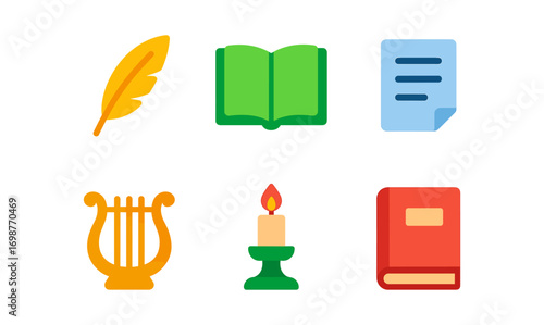 Colorful literary icons set featuring book, candle, and harp for creative design