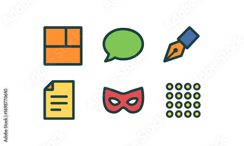 Colorful icon set featuring communication, education, and entertainment symbols