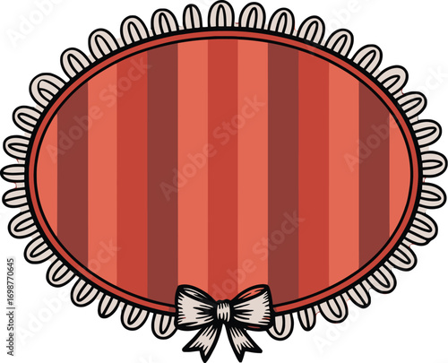 Oval Frame with Bow, Red Striped Frame, Vintage Label Design, Decorative Border, Retro Badge Illustration
