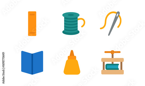 Crafting tools set: needle, thread, glue, and more in flat design