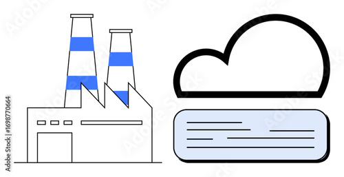 Factory building with twin chimneys linked to a cloud server symbolizing digital transformation, sustainability, and modern technology. Ideal for industry, cloud storage, energy, innovation