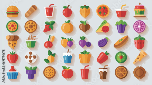 A collection of 80 colorful food and drink icons arranged in 10 rows on a white background. 