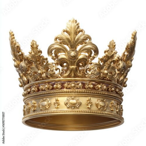 Ornate golden royal crown with intricate detailing on white background