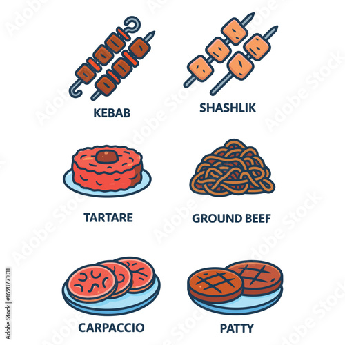 Hand drawn meat dishes vector cartoon illustration