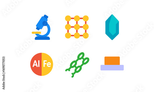 Colorful science icons set: microscopy, molecules, and chemistry symbols