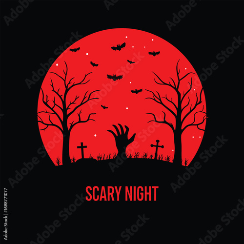 Spooky Halloween Night Illustration with Bats, Trees, and Emerging Zombie Hand