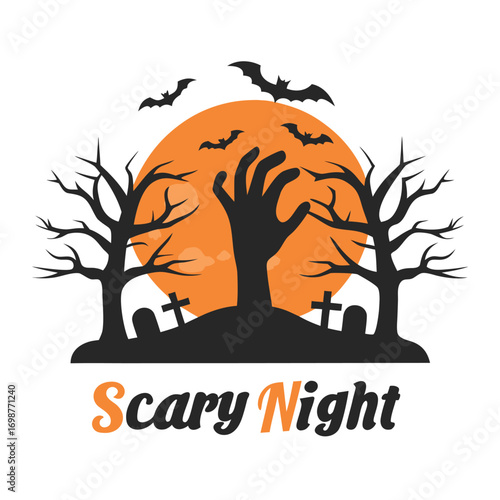 Halloween Night Silhouette Design with Bats, Moon, Trees and Scary Text