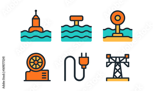 Colorful linear icons of marine buoys and energy equipment