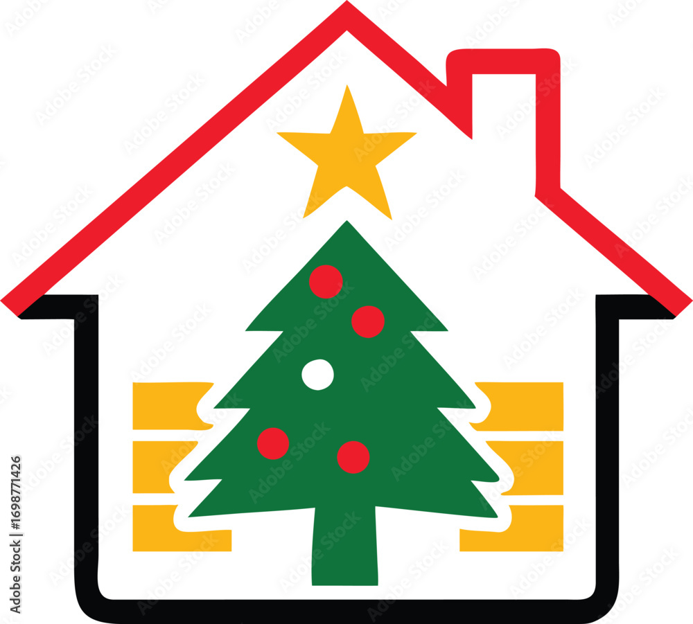 Fototapeta premium Red house outline displays decorated Christmas tree above yellow presents inside for holiday cheer