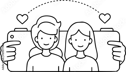 Two people taking a selfie icon. Thin line editable stroke vector illustration for social media, smartphone photography, group portrait, friendship memory, and modern lifestyle.