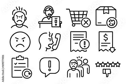 Customer Service Icons. Line style icons of customer service complaints: angry customer icon, service desk with report, shopping