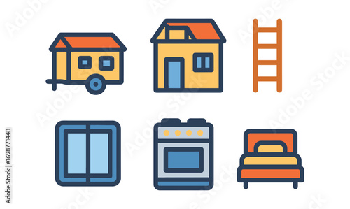Flat style home essentials: trailer, house, ladder, window, stove, bed icons